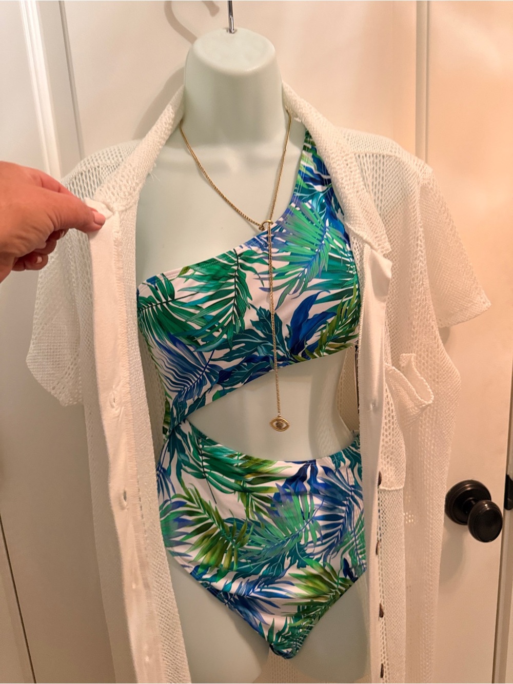 Kendall and Kylie One-Shoulder Tropical Print Cutout Swimsuit - Green/Blue, NWT